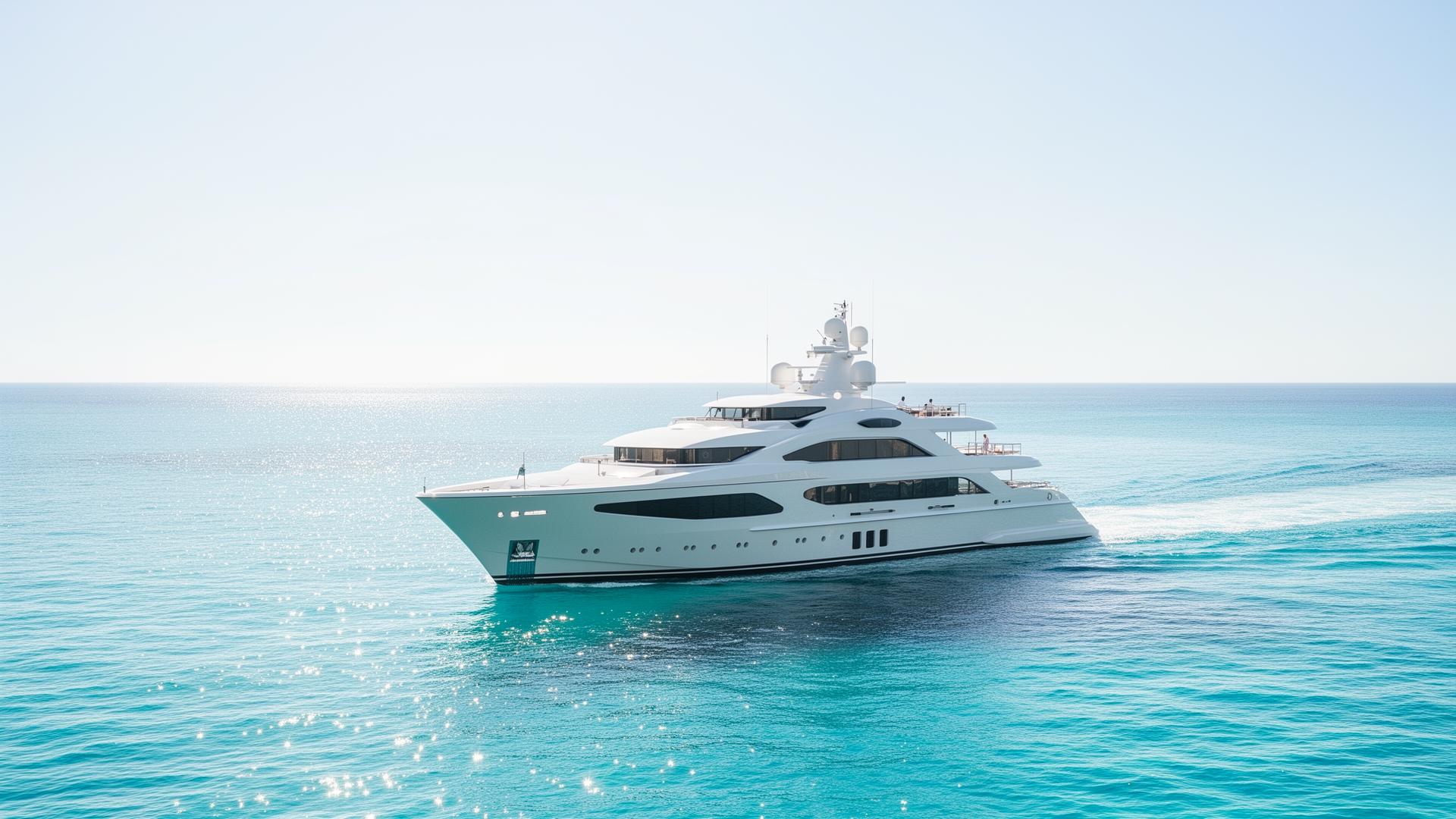 Luxury superyacht cutting through ocean at golden hour